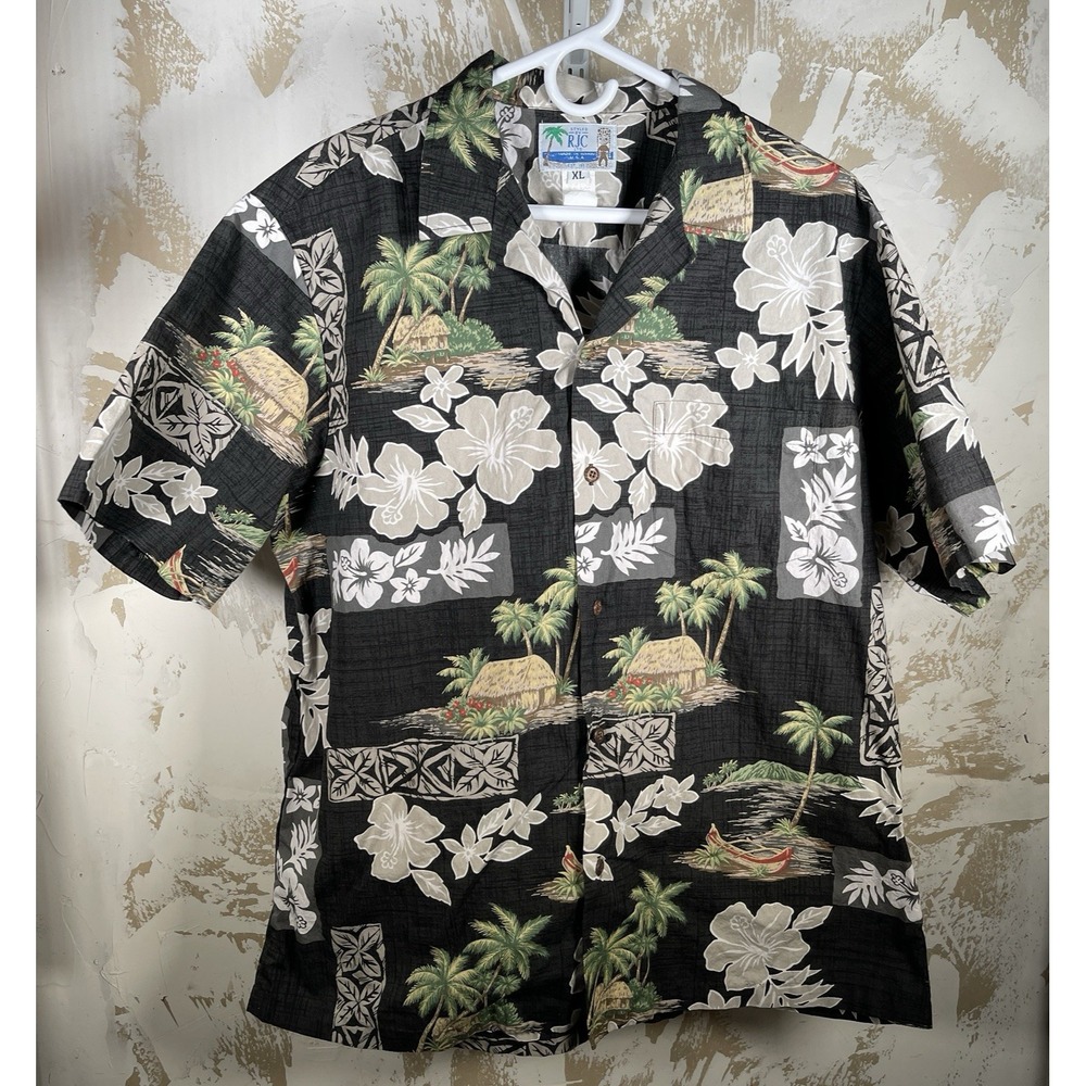 Vintage RJC‎ Hawaiian Shirt XL Black Island Hut Hibiscus Floral Aloha Button Up